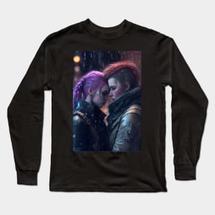 Futuristic Cyberpunk Lesbian Lovers Embrace in Emotional Portrait Long Sleeve T-Shirt